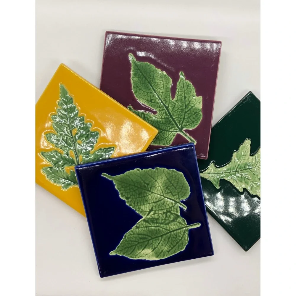 Linens n Things Ceramic Leaf Coaster Set 4 Jewel Tone Embossed Botanical Square